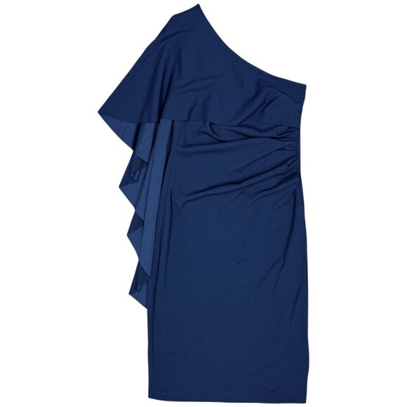 NWT Women's XSCAPE One-Shoulder Draped Midi Dress Navy | Size 8 - Picture 2 of 11